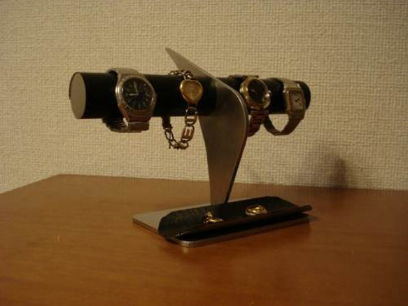 ブラックコルク4本掛けデザイン腕時計スタンド ロングトレイ 5枚目の画像