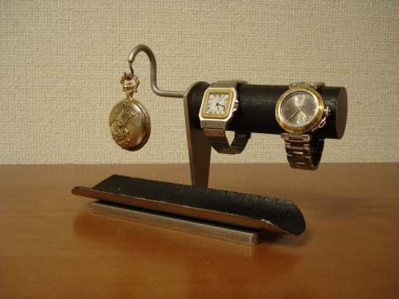 ブラック2本掛け腕時計、懐中時計スタンド　ロングトレイ付き　ブラック2本掛け腕時計、懐中時計スタンド　　N12420 2枚目の画像