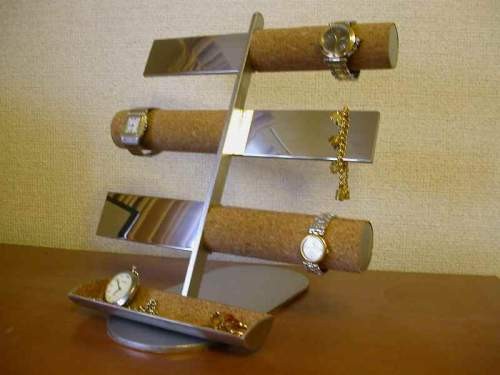 腕時計スタンド　12本掛けコルク＆バー腕時計＆トレイ付きアクセサリースタンド   No.IMG161