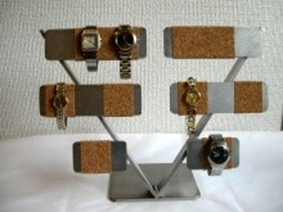 腕時計スタンド　10本掛けV支柱腕時計スタンド　半分コルク仕上げ 1枚目の画像