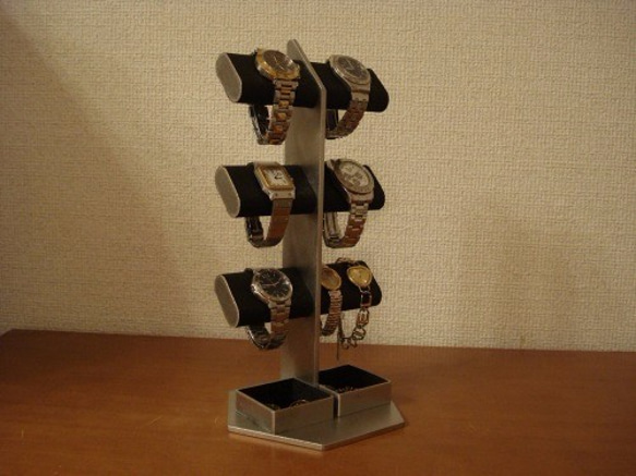 腕時計　飾る　ブラック6本掛けダブル角トレイ腕時計スタンドタワー 5枚目の画像