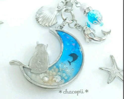 星の砂＊夏 ジャンプ イルカ＊ 三日月 猫 レジン キーホルダー