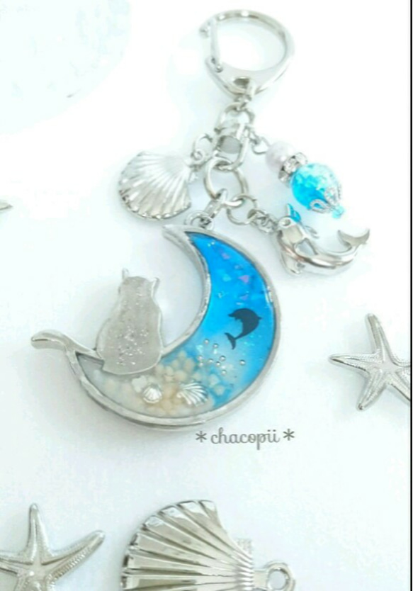星の砂＊夏 ジャンプ イルカ＊ 三日月 猫 レジン キーホルダー