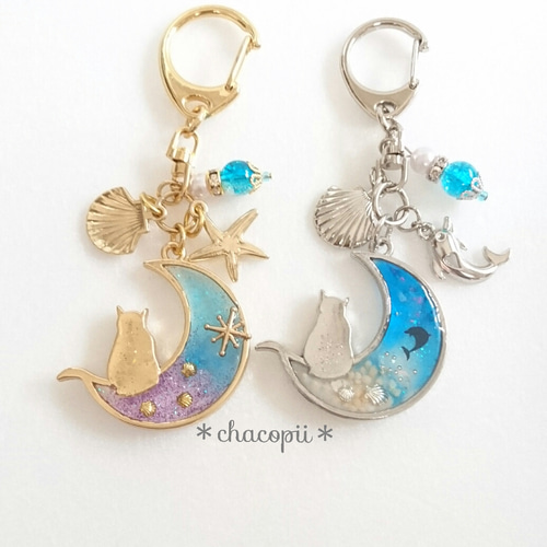 星の砂＊夏 ジャンプ イルカ＊ 三日月 猫 レジン キーホルダー