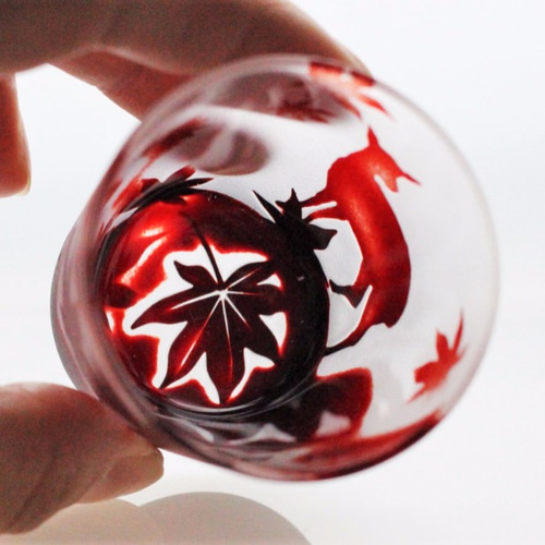 花札硝子】もみじに鹿〜 ガラスのおちょこ ぐい吞み 酒器 受注製作