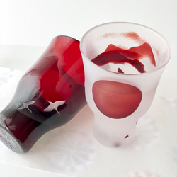 日月桜　夫婦鶴 　赤いガラスのぐい呑み　おちょこ　酒器ペアセット 2枚目の画像