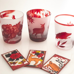 [木盒裝] 訂製 Inoshikacho Hanafuda Glass Ochoko 3 件組 Guinomi 清酒杯利口酒杯 第1張的照片