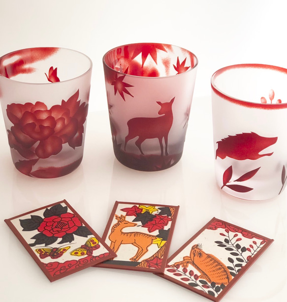 [木盒裝] 訂製 Inoshikacho Hanafuda Glass Ochoko 3 件組 Guinomi 清酒杯利口酒杯 第1張的照片