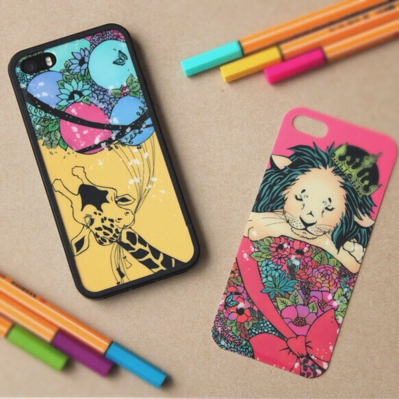 【着せ替え】2個セット♡iPhone5s &SE カバー(バンパー&着せ替えカード2種)キリン×ライオン 1枚目の画像
