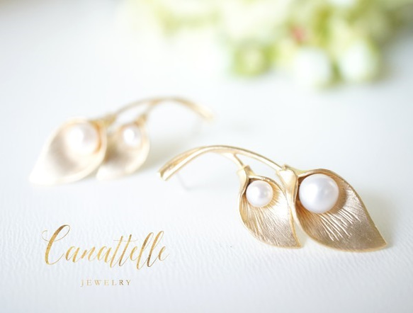 【限定１点】リリー・フラワー＆淡水パール・ピアス  ~Calla lily~ 3枚目の画像