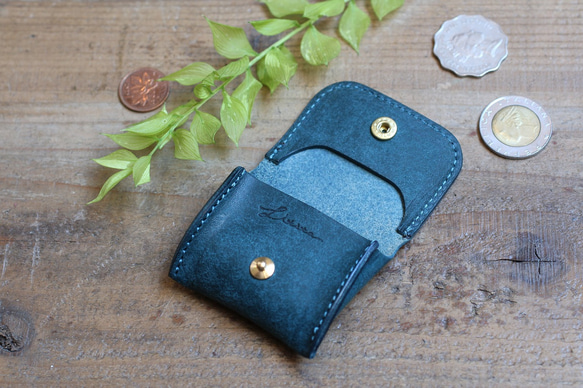 【極小サイズ】Tiny Coin Case / BLUE GREEN *レザーコインケース*小さい小銭入れ*プエブロ 3枚目の画像