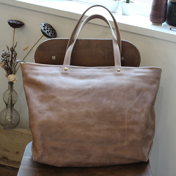 *送料無料* Zip Tote Bag / SAND BEIGE *レザーバッグ*トートバッグ 2枚目の画像