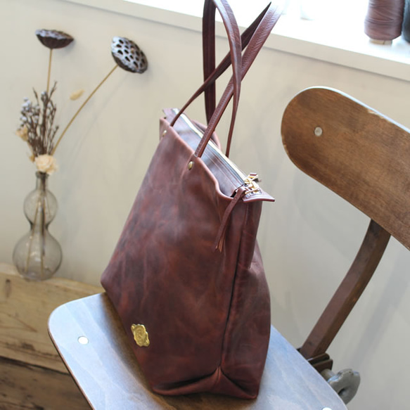 *送料無料* Zip Tote Bag / RED BROWN *レザーバッグ*トートバッグ 4枚目の画像