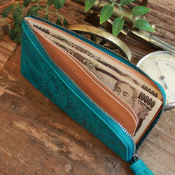 送料無料* Soft Leather Compact Wallet / TURQUOISE BLUE (paisley) 2枚目の画像