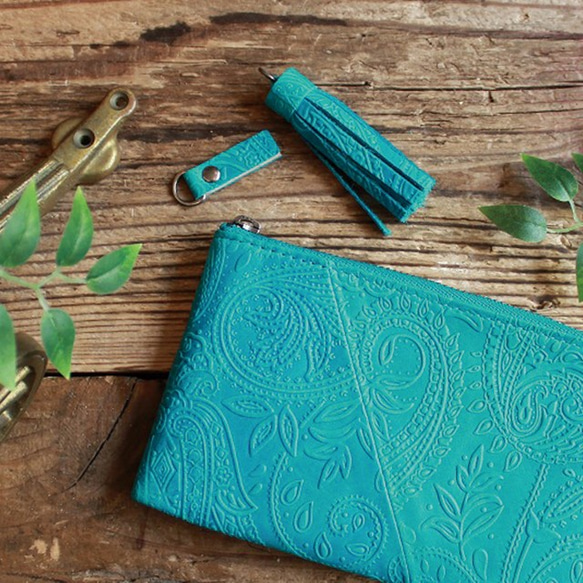 送料無料* Soft Leather Compact Wallet / TURQUOISE BLUE (paisley) 4枚目の画像