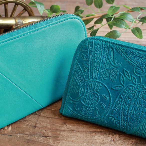 送料無料* Soft Leather Compact Wallet / TURQUOISE BLUE (paisley) 5枚目の画像