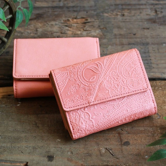 Soft Leather Mini Wallet / CORAL PINK (Paisley) *ミニ財布*革財布 2枚目の画像