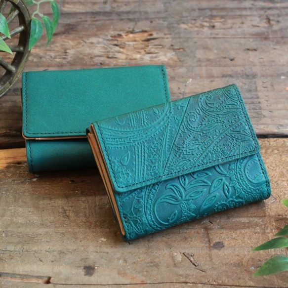 Soft Leather Mini Wallet / FOREST GREEN (Paisley) *ミニ財布*革財布 2枚目の画像