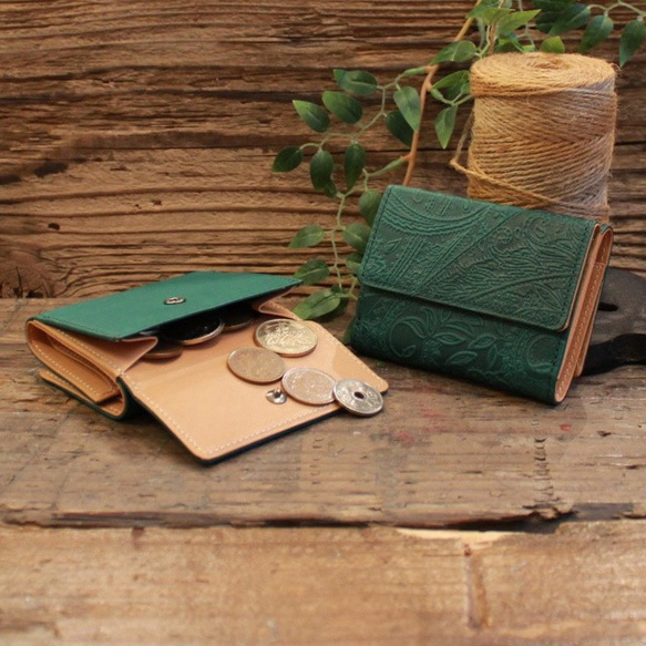 Soft Leather Mini Wallet / FOREST GREEN (Paisley) *ミニ財布*革財布 4枚目の画像