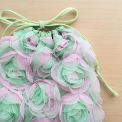 花卉刺繡荷包蓬鬆綠色袋粉紅色× 第4張的照片