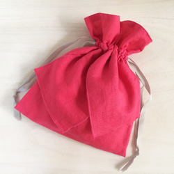 コットンリネン リボン巾着 ピンク 1枚目の画像