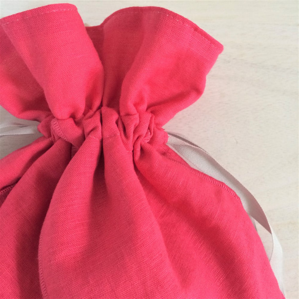 コットンリネン リボン巾着 ピンク 3枚目の画像