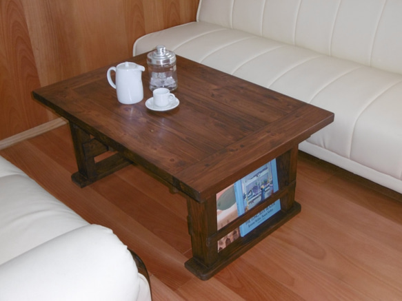 伸長式ローテーブル 両サイドマガジンラック仕様 アンティーク調 ロー  