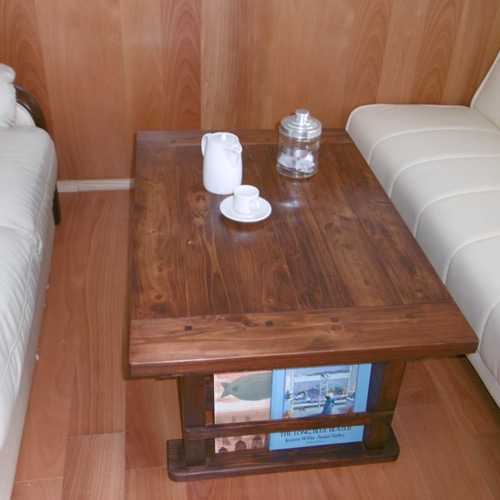 伸長式ローテーブル 両サイドマガジンラック仕様 アンティーク調 ロー  