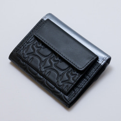 mame wallet - 3つ折りミニ財布　猫パターン／ ブラック× シルバー【受注生産】 2枚目の画像