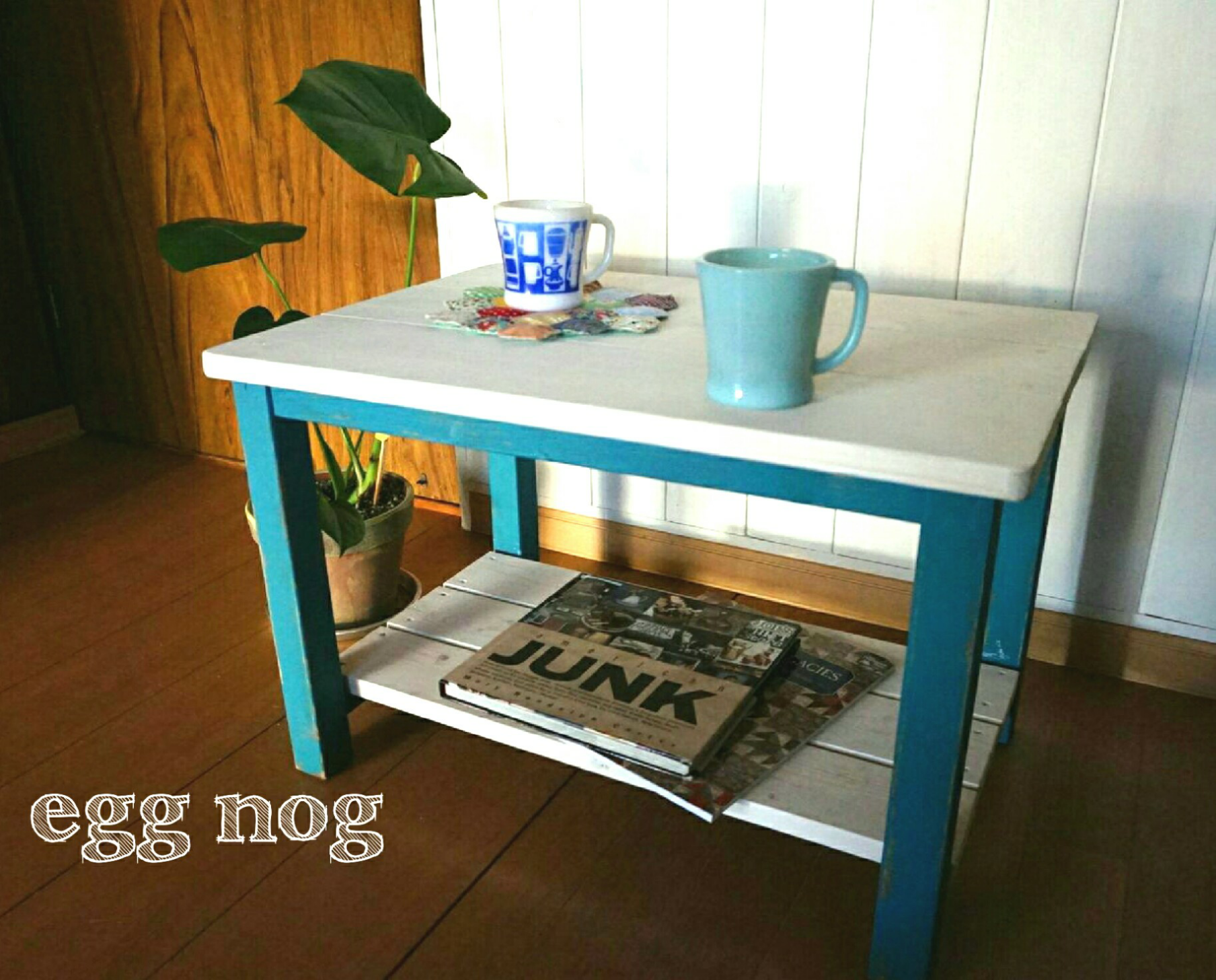 ターコイズブルー＆ホワイト ツートンカラーローテーブル 幅600㎜