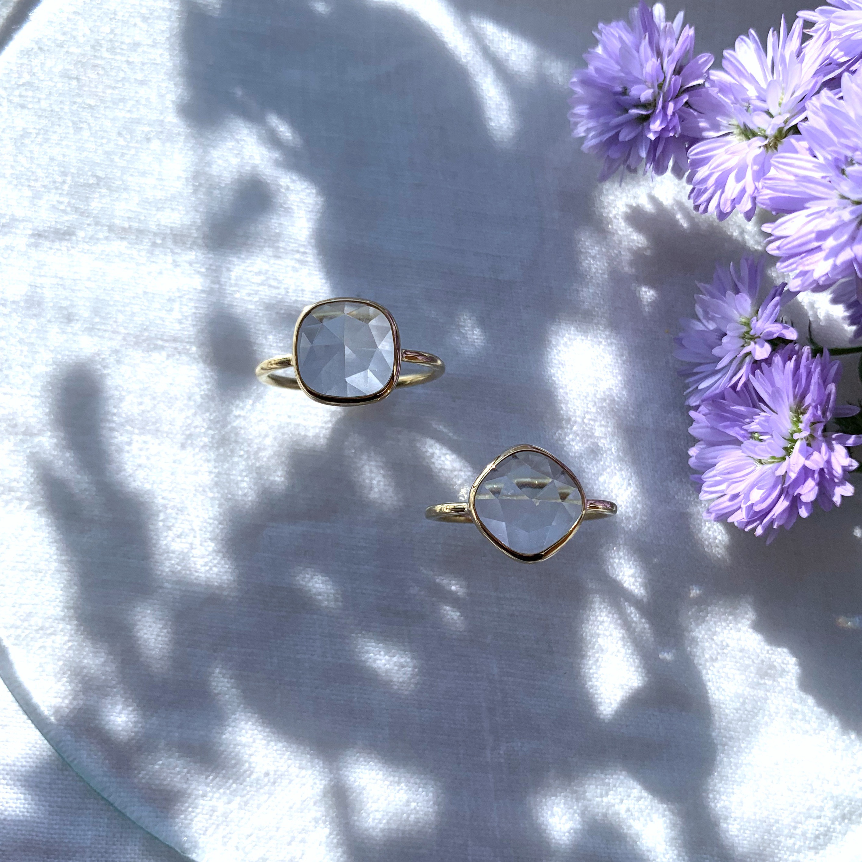 【受注製作】10mm ローズカット しかく・ひしがたの水晶リング（真鍮・シルバー）