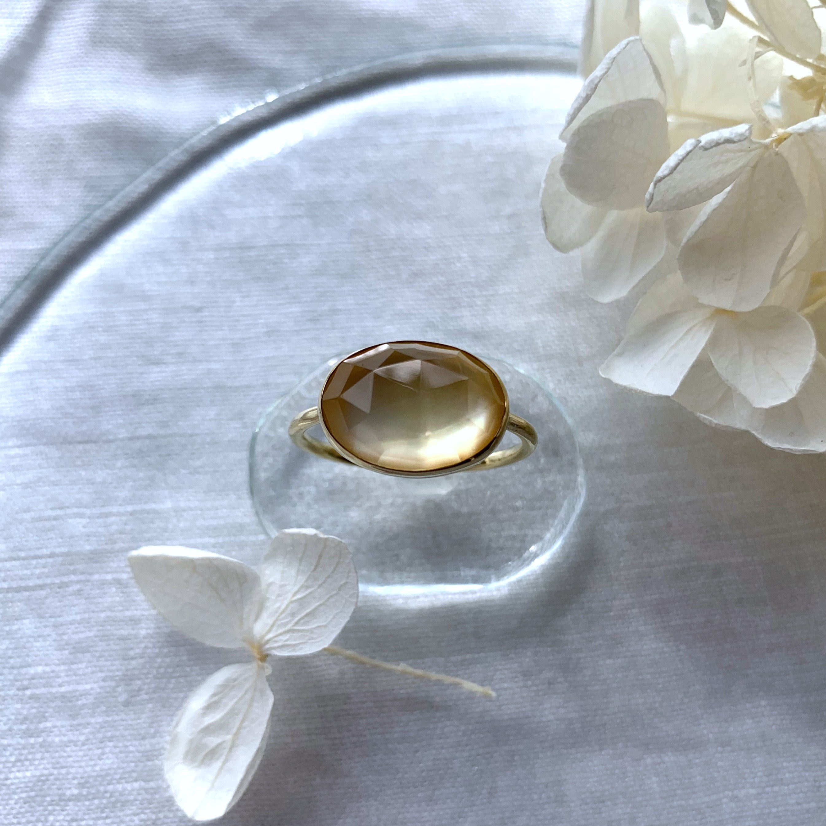 【受注製作】春色 ♪ レモンクォーツ×シェル 真鍮リング（silver変更可）