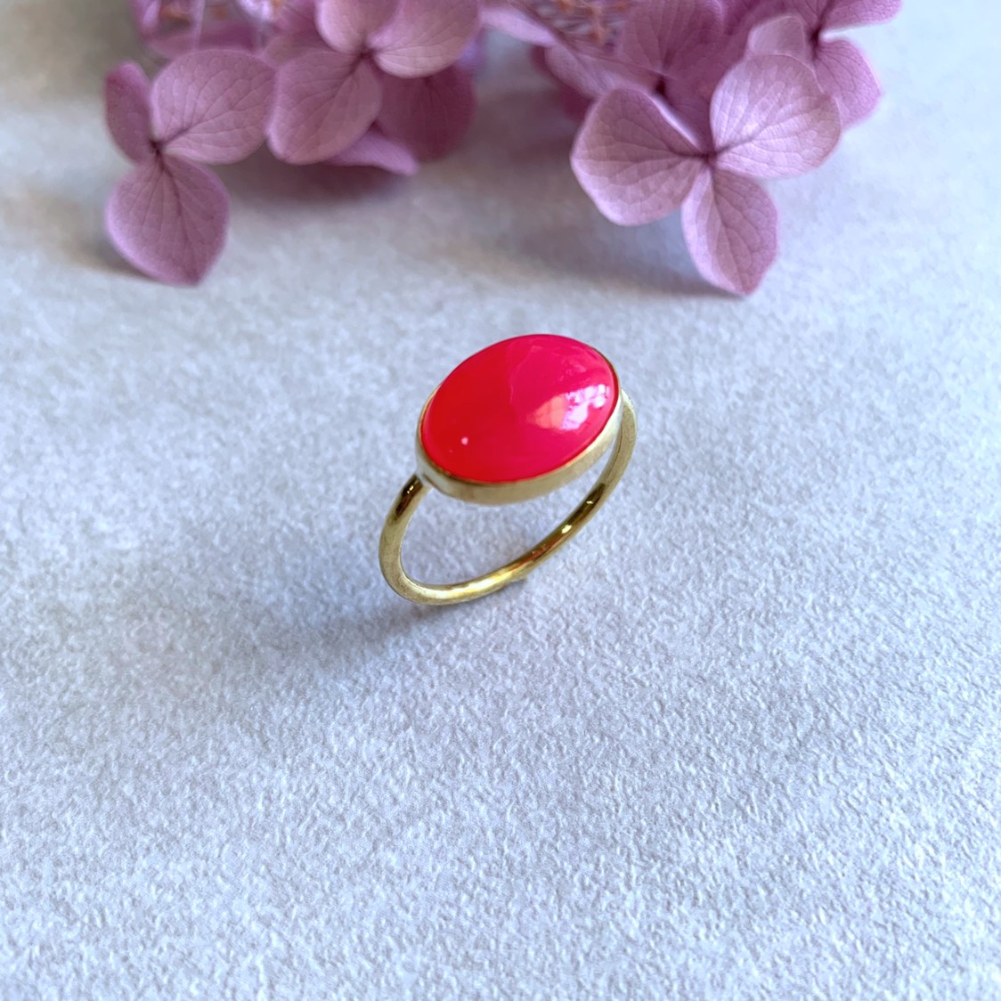 【受注製作】フューシャピンクカルセドニー 真鍮リング（silver変更可）