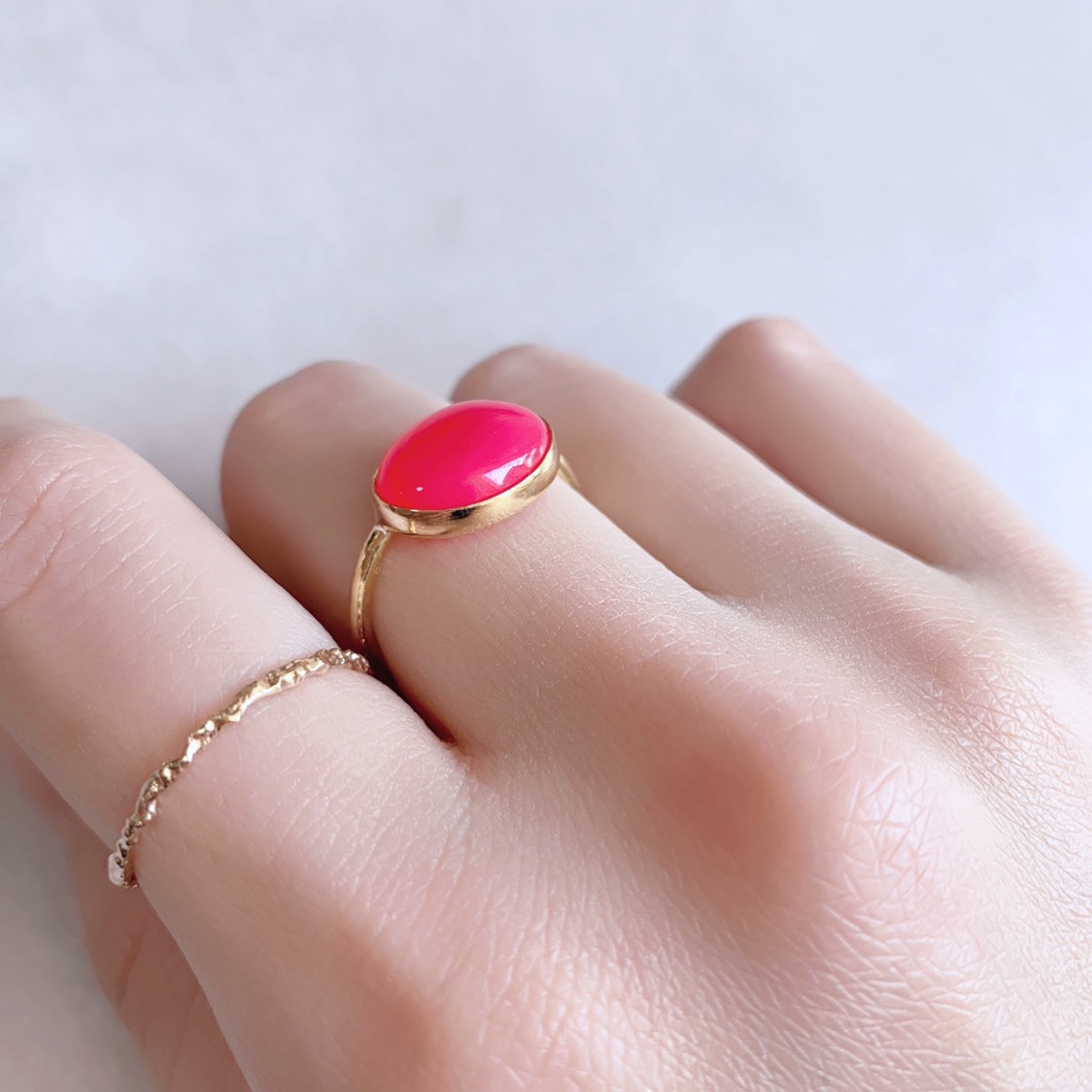 【受注製作】フューシャピンクカルセドニー 真鍮リング（silver変更可）
