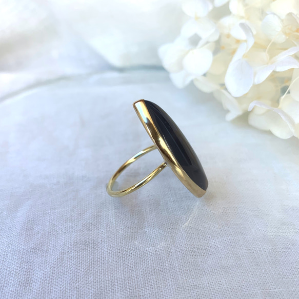 【受注製作】大粒マーキスグレーオニキス  真鍮リング（silver変更可） 3枚目の画像