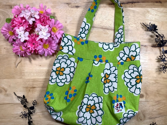 [S size]七彩花朵棉麻亞麻手提袋（綠色）&lt;推薦用於子袋&gt; 第1張的照片