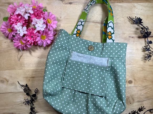 [S size]七彩花朵棉麻亞麻手提袋（綠色）&lt;推薦用於子袋&gt; 第3張的照片
