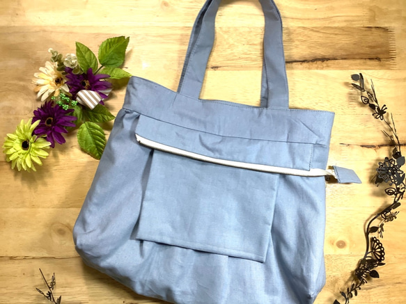 [帶拉鍊的M尺寸]鏤空蕾絲花邊（花卉圖案）棉亞麻奶奶袋藍色&lt;通勤袋的建議尺寸！ &gt; 第3張的照片