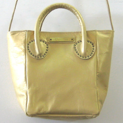 チューブミニ プラチナゴールド 本革製　ショルダーストラップ付きミニバッグ 2枚目の画像
