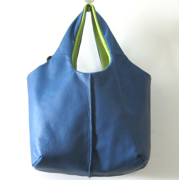 ROUND reversible neo green + blue　本革製　リバーシブルバッグ 2枚目の画像