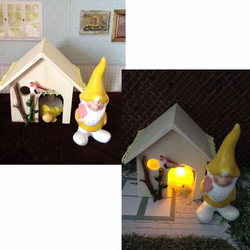 イエローの小人さん 小鳥 ウッドハウス LEDキャンドルライト♪ミニチュア 陶器 オブジェ 1枚目の画像