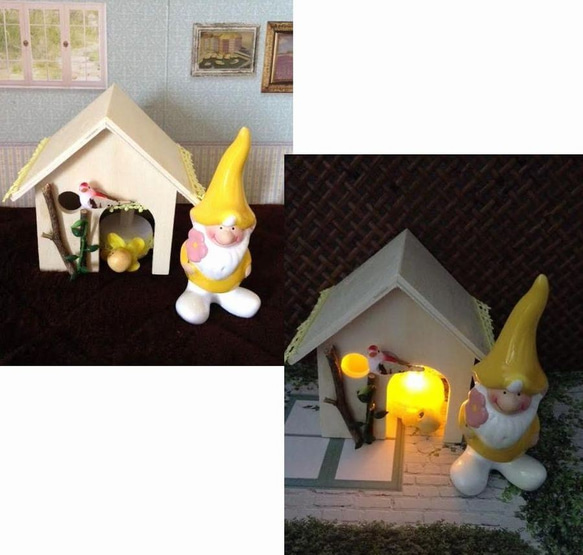 イエローの小人さん 小鳥 ウッドハウス LEDキャンドルライト♪ミニチュア 陶器 オブジェ 1枚目の画像