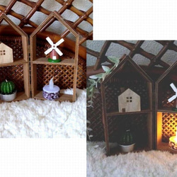 木のお家とLEDキャンドルライトのミニチュアインテリア 置物■折りたたみ可能の2way 1枚目の画像