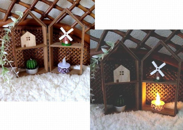 木のお家とLEDキャンドルライトのミニチュアインテリア 置物■折りたたみ可能の2way 1枚目の画像