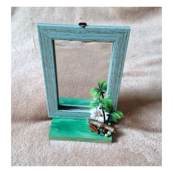 壁掛け＆置き型2way☆ブルーグリーンの爽やかミラー☆ヤシの木とウッドがポイントの鏡■ウッド小物置き付き 1枚目の画像