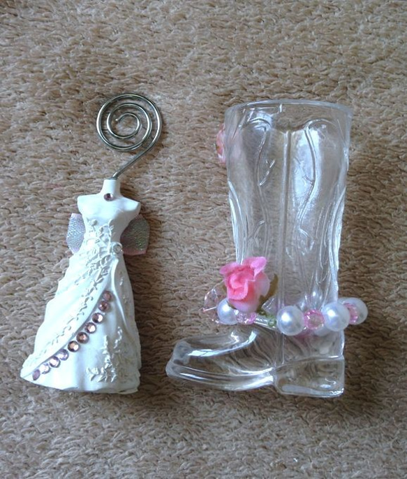 ウエディングドレスメモスタンドとペン立てなどに使えるガラスの長靴 セット■ピンク 3枚目の画像