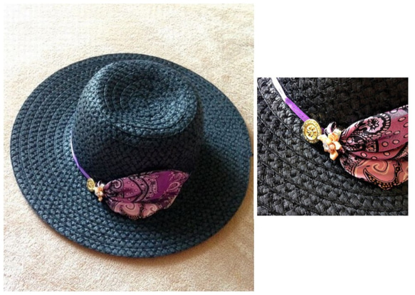 紫のサテンリボンとラメレースとゴールドボタン★バッグインもできる ブラック つば広 ハット 帽子 1枚目の画像