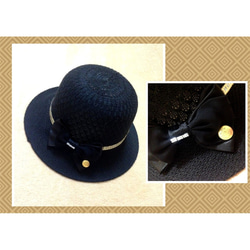 サテンリボンとゴールドラメライン＆ボタン◆バッグインもできる ブラック  ポーラー ハット 帽子 1枚目の画像