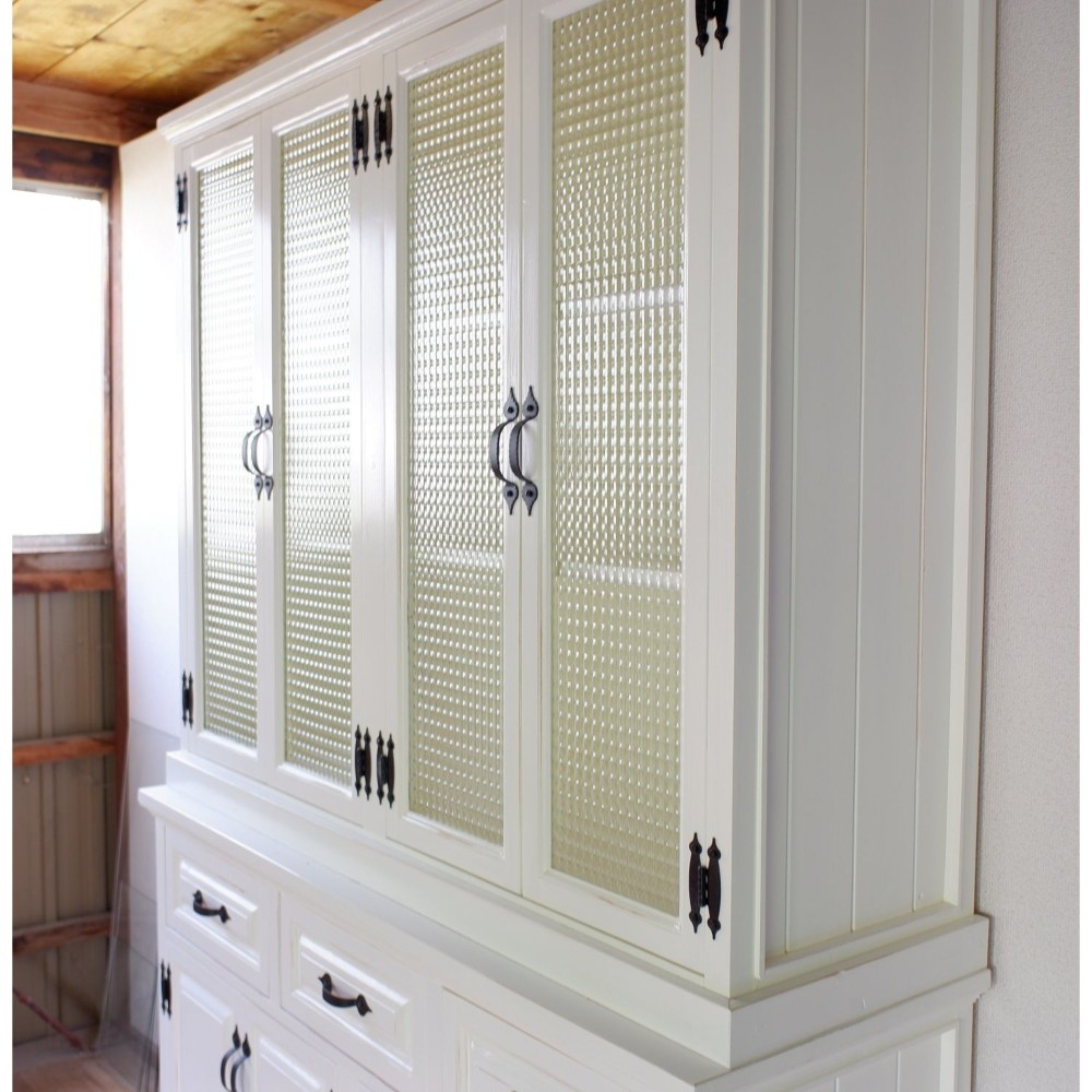 サイズオーダー可！超ワイド4扉シンメトリキャビネット●シャビーホワイト●受注製作 デザインオーダー可！ワイド4扉シンメトリーキャビネットシャビー