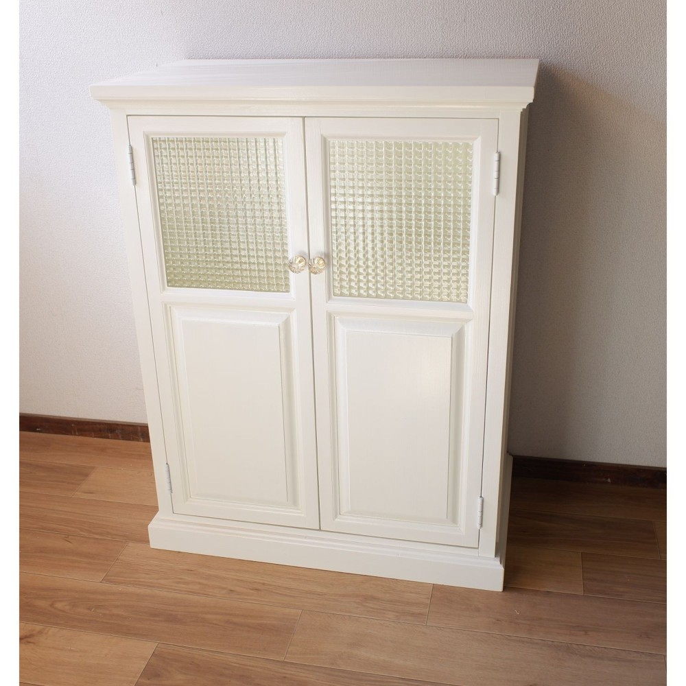 【２週間程度で発送可】チェッカーガラスのキャビネット　ミルキーホワイト塗装　★取っ手が選べる★